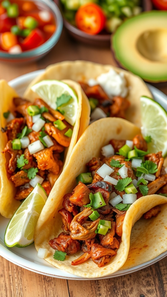 Crispy Pork Carnitas in tortillas with cilantro, onions, and lime, served with salsa and avocado.